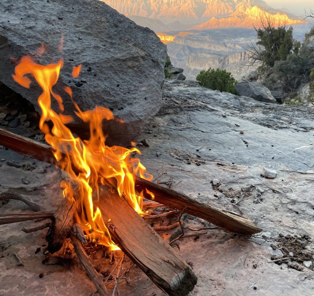 A fire with mountain views